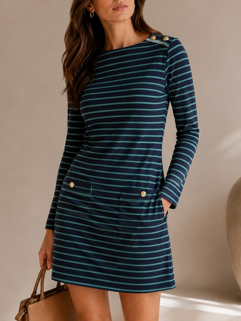 Sail to Sable Navy Green Striped Shift Dress Gold Buttons Preppy S